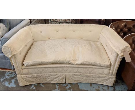 CHESTERFIELD SOFA, 155cm x 77cm x 72cm H, cream damask with a concave front. 