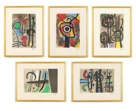 JOAN MIRO, a set of five signed in the plate, abstract pochoirs, stamped signature, numbered edition 2000, printed by Mourlot