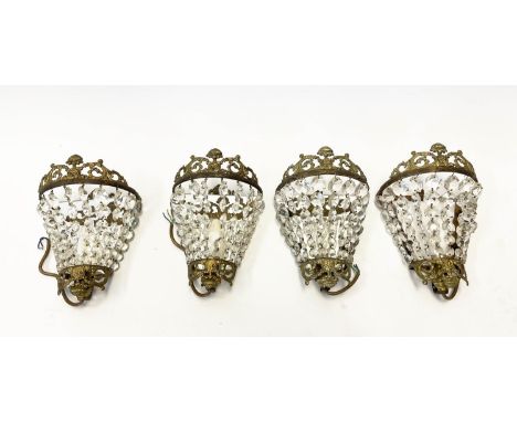 WALL LIGHTS, four, brass with facetted glass chains along with five glass tea light candlesticks, 23cm H x 17cm W. (9) 