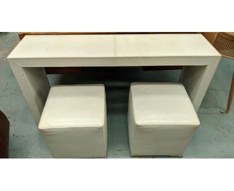 CONSOLE TABLE, 140cm W x 36cm D x 72cm H, white faux crocodile and two cubes matching cub stools. (3) 