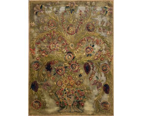 ANTIQUE ENGLISH CREWEL WORK TAPESTRY, 144cm x 105cm. 