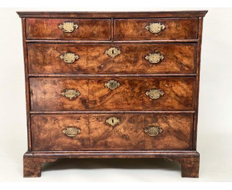 QUEEN ANNE CHEST, 90cm H x 97cm W x 55cm D, early 18th century English figured walnut with two short above three long drawers