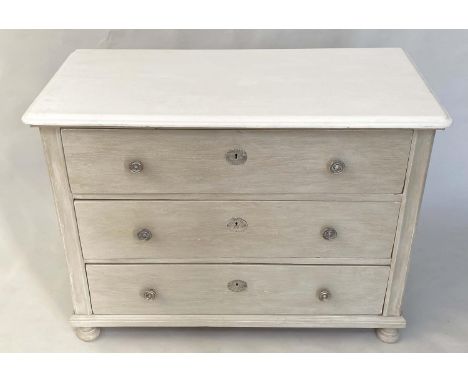 COMMODE, 19th century French traditionally grey painted with three long drawers and white moulded top, 127cm x 96cm x 61cm D.