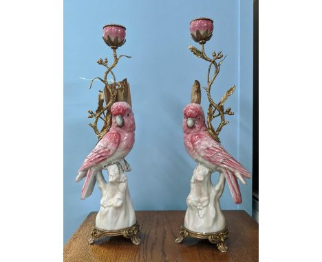 COCKATOO CANDELABRA, a pair, glazed ceramic with gilt mounts, 40cm H. (2) 