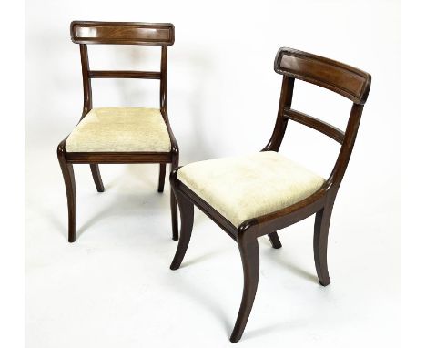 DINING CHAIRS, 84cm H x 47cm W, a set of six, Regency mahogany, with Designers Guild light grey chenille drop in seats. (6) 
