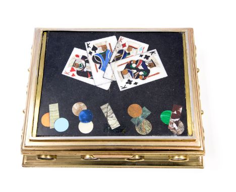 A Victorian gilt metal games box of Derbyshire interest, c.1870, inset with Ashford marble panels depicting playing cards, co