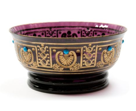 Attributed to Joseph Hoffman for Moser, an amethyst glass bowl, etched and engraved with gilt panels and applied turquoise je