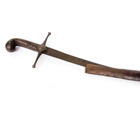 A nineteenth century sabre, possibly Turkish, crudely made in Shamshir style, 70cm curved blade, hardwood scales secured by a