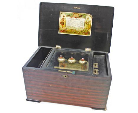 A Swiss table top cylinder music box, musical trophy inlaid and strung case, cardboard songsheet to the inner lid, cylinder p