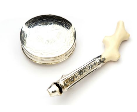 A George III silver and ivory teething toy, the bright cut engraved whistle mounted on a realistically carved ivory coral end