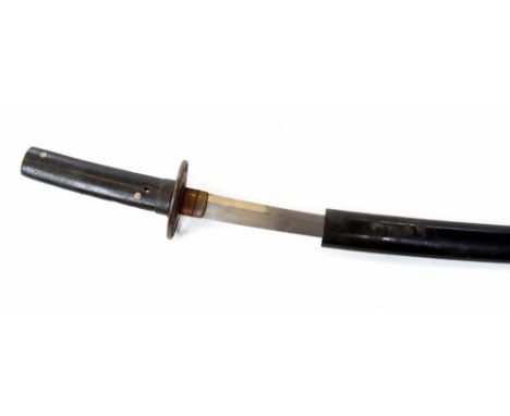 A nineteenth century wakisashi, 54cm blade, no visible signature on hilt tang, only half of lacquered wooden grip remains, la