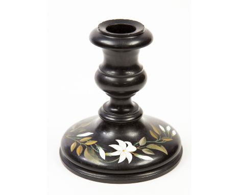 A Victorian Ashford marble single low candlestick, c.1870, decorated with a white flower, height 12cm  