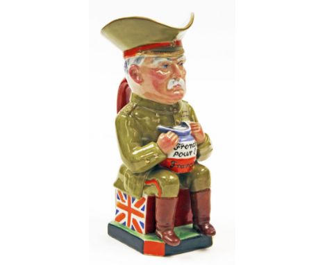 A Wilkinson WWI toby jug depicting Lord French, designed by Sir Francis Carruthers Gould, modelled seated on a union jack box