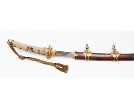 A modern copy of a Japanese court sword, (kazani-Tachi), 56cm blade with visible hamon, shagreen covere grips with no binding