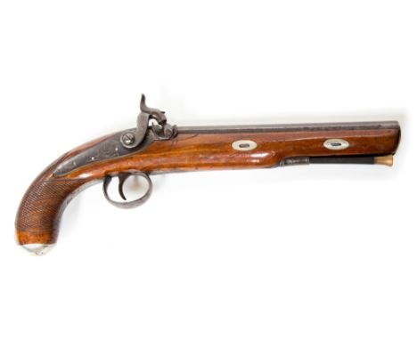 A cased set of 34 bore Officers percussion pistols.  The locks are marked Nock and the barrel have London engraved on their t