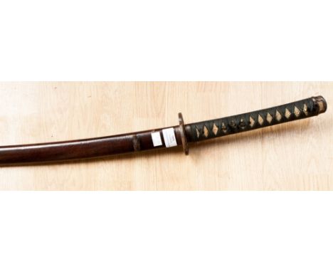 A nineteenth century katana, 63cm blade, no signature on tang, pierced tsuba with ray design, shagreen covered grip bound by 