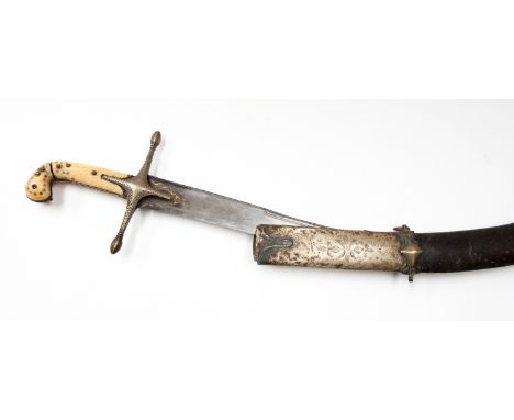 A heavy curved shamshir sword, early nineteenth century, probably Turkish, 70cm curved blade with some faded gold and T-back,