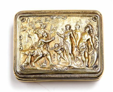 A George III silver gilt snuff box, the top cast and chased with an allegorical scene of Diana and Apollo, the underside with