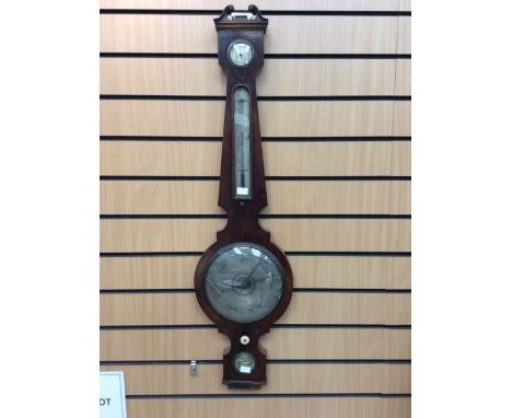 A 19th century mahogany banjo barometer and thermometer, the top with a swan neck pediment