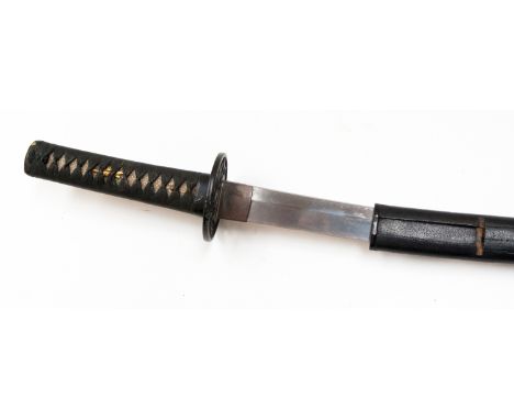 A twentieth century wakisashi with 55cm blade, tang unsigned, grip shagreen covered bound with cloth and containing two drago