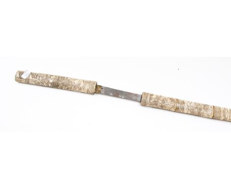 A Japanese bone sword wakisashi, 46cm blade, scabbard and hilt sections of carved bone depicting Japanese people going everyd