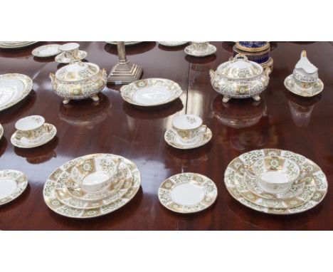 A large service of Royal Crown Derby Green Panel wares, (list price currently approximately £8,620)