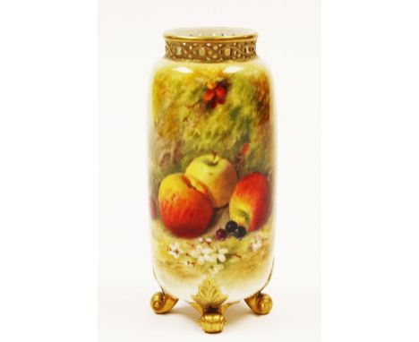 A Royal Worcester fruit painted vase by Ricketts, 1926, cylinder form with reticulated rim, on four scroll feet, decorated wi