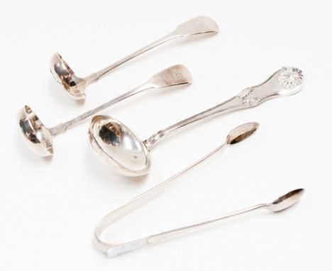 Two Scottish silver fiddle pattern ladles, maker A.W, Edinburgh 1835, a pair of Georgian silver sugar sugar nips and another 
