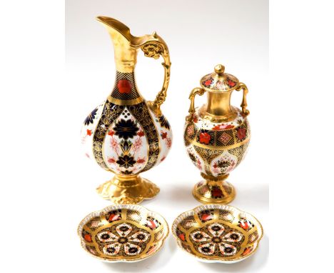 Royal Crown Derby 1128 Imari, to include a ewer, twin handled covered vase and two trinket dishes (4)