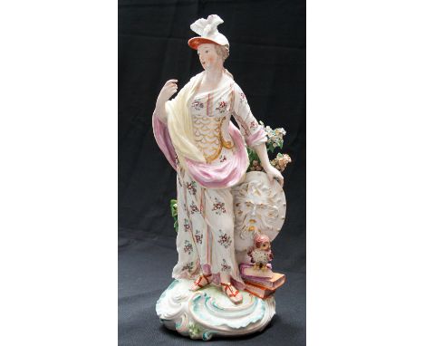 An 18th Century Derby porcelain figure of Minerva, Goddess of Wisdom, circa 1780, patch mark, she stands in yellow and pink r