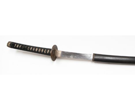 An early twentieth century katana, 74cm blade, tang unsigned, shagreen covered grip with cloth binding containing two menuki,