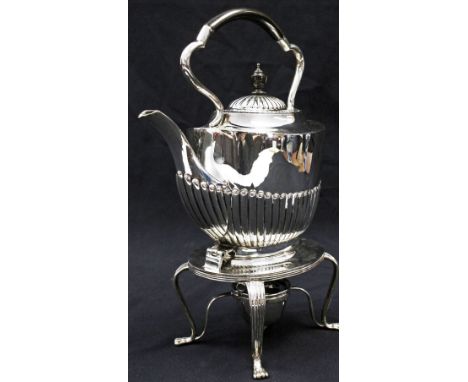 A George V silver spirit kettle on stand, of Neoclassical boat form with reeded lower section and lid, on a reeded, strapwork