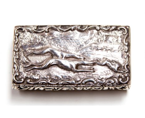 A George IV silver snuff box, the lid cast with a greyhound hunting scene with hare, the edges embossed with Rococo foliate s