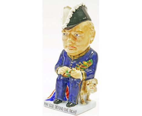 A Clarice Cliff Winston Churchill toby jug, c.1940, modelled as The First Sea Lord seated on a bulldog holding a battleship, 