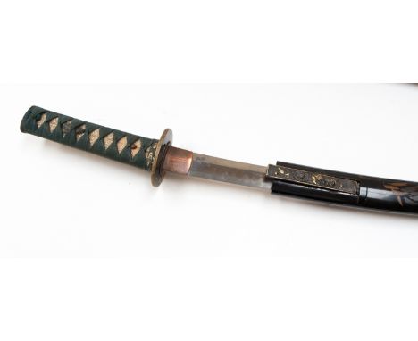 A nineteenth century wakisashi, 48cm blade, visible hamon, no signature to tang, kozuka knife with floral decoration to handl