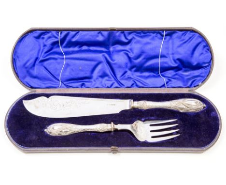 A pair of Victorian silver fish servers, the solid blade etched with foliate scrolling, the handles with beaded bands and loz