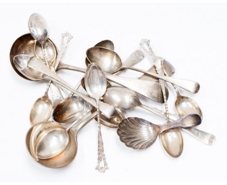 A mixed parcel of silver flatware, to include a shell bowl tea caddy scoop (approximately 11.5ozt in all) (parcel)