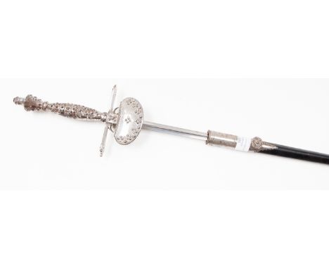 A small or court sword, 83cm triangular and fluted blade, no maker, steel hilt of typical form, plated and stud decorated wit