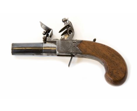 A 44 bore box lock flintlock pistol with a turn off barrel. It bears the makers name Siddons London. It has Birmingham pre 18
