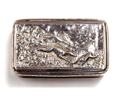 A George IV silver snuff box, the lid cast with huntsmen, hounds and hare, the base and edges engine turned, Nathaniel Mills,