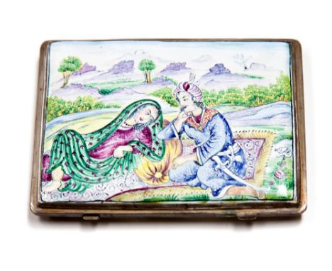 A white metal Mogul type enamelled cigarette case, the lid decorated with a courting scene, the reverse with Persian carpet d