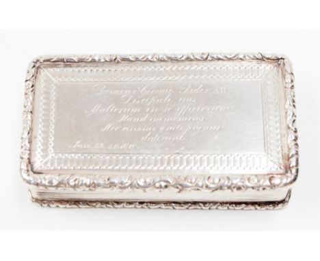 A silver pocket snuff box, foliate border, engraved, gilt interior, Birmingham, (date mark rubbed)