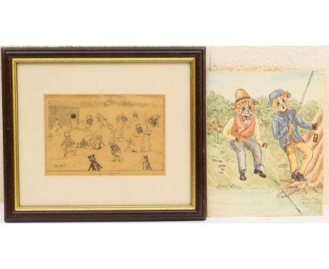 Follower of Louis William Wain (1860-1939), The odd catch, watercolour, pen and ink, bearing a signature, 25cm x 20cm; also a