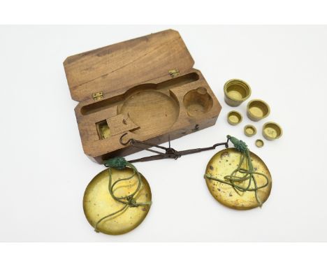 Mid 18th Century pocket beam scales, within a later fitted mahogany case with later nest of brass weights, 21.5cm 
