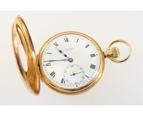 J W Benson, London, 9ct gold cased half hunter pocket watch, hallmarked Birmingham 1928, the outer case with black enamelled 