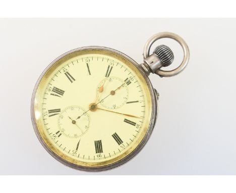 Swiss silver chronograph pocket watch, circa 1900-10, slightly yellowed dial, 44mm, with subsidiary seconds, 30 minute timing