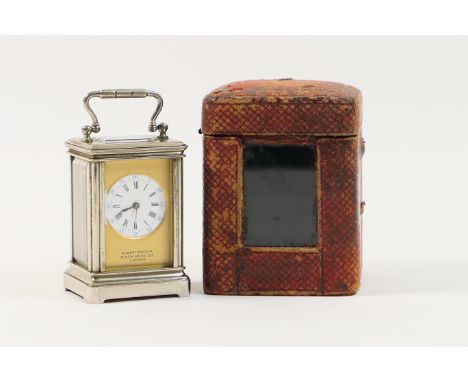 Miniature plated carriage clock, made in Paris for Albert Barker, New Bond Street, London, the silvered case enclosing enamel