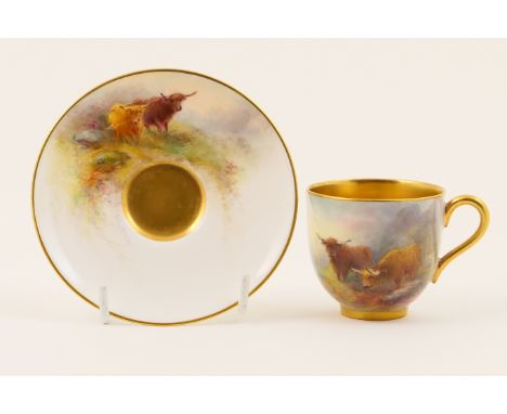 Royal Worcester cabinet cup and saucer, circa 1932, decorated with Highland cattle by James Stinton, the cup with a gilded in