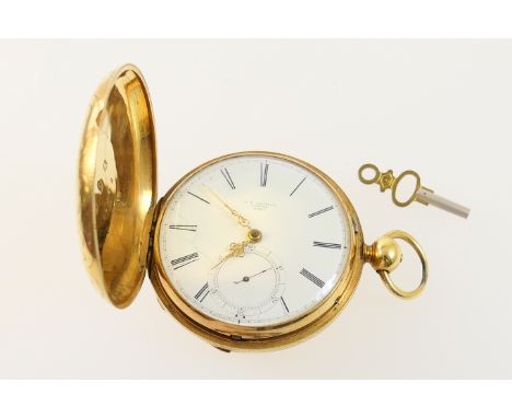 Edward Daniel Johnson, London, 18ct gold hunter pocket watch, circa 1849-55, having an American engine turned and engraved ca