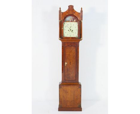 Oak, mahogany and inlaid eight day longcase clock by R Pitts, Epworth, circa 1815-25, the hood surmounted with turned wooden 